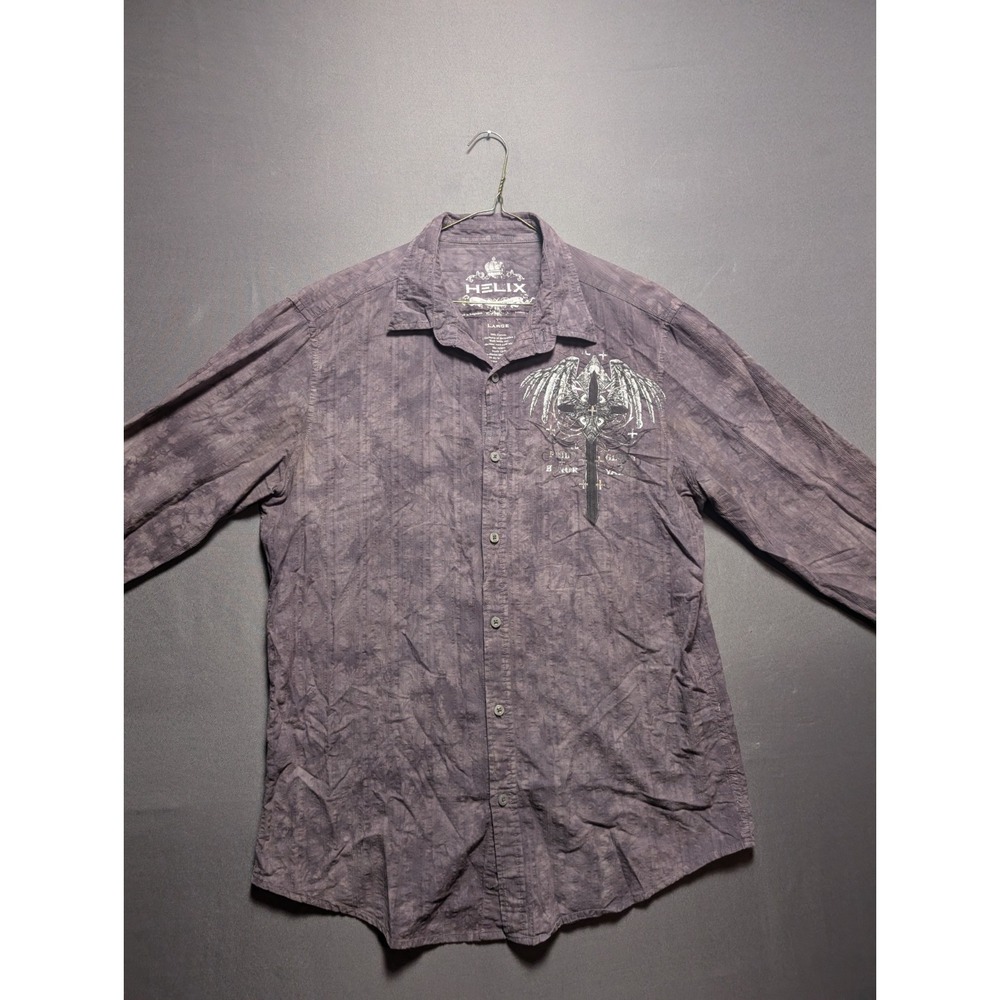 Y2K Helix Shirt Mens L Purple Graphic Print Cross Wings Cotton Button Up Grunge